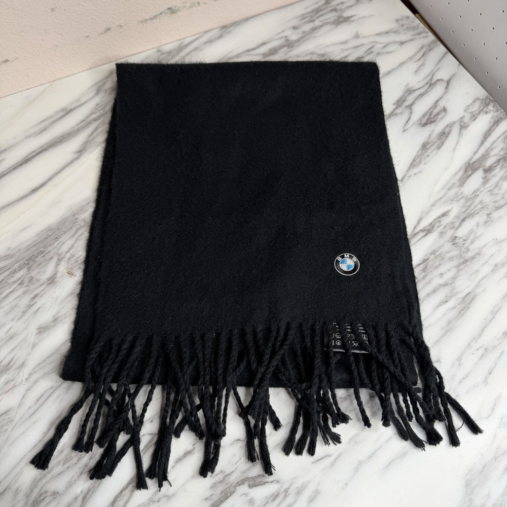 BMW Scarf Black Made In‎ Germany Acrylic Wool Blend Knit car Logo 60x12" Fringe